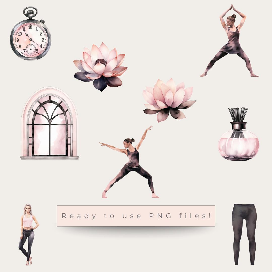 Pilates & Self-Care Stickers | 38 PNG Files | Watercolor Clipart for Wellness Planners and Journals