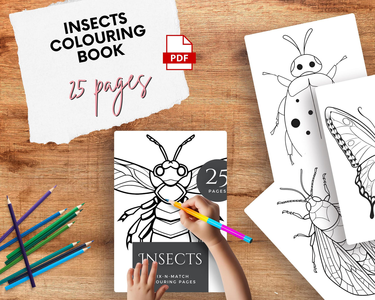 a child's hand is drawing a picture of a bug