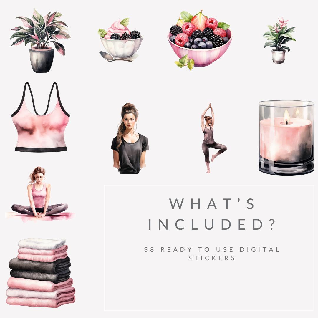 Pilates & Self-Care Stickers | 38 PNG Files | Watercolor Clipart for Wellness Planners and Journals