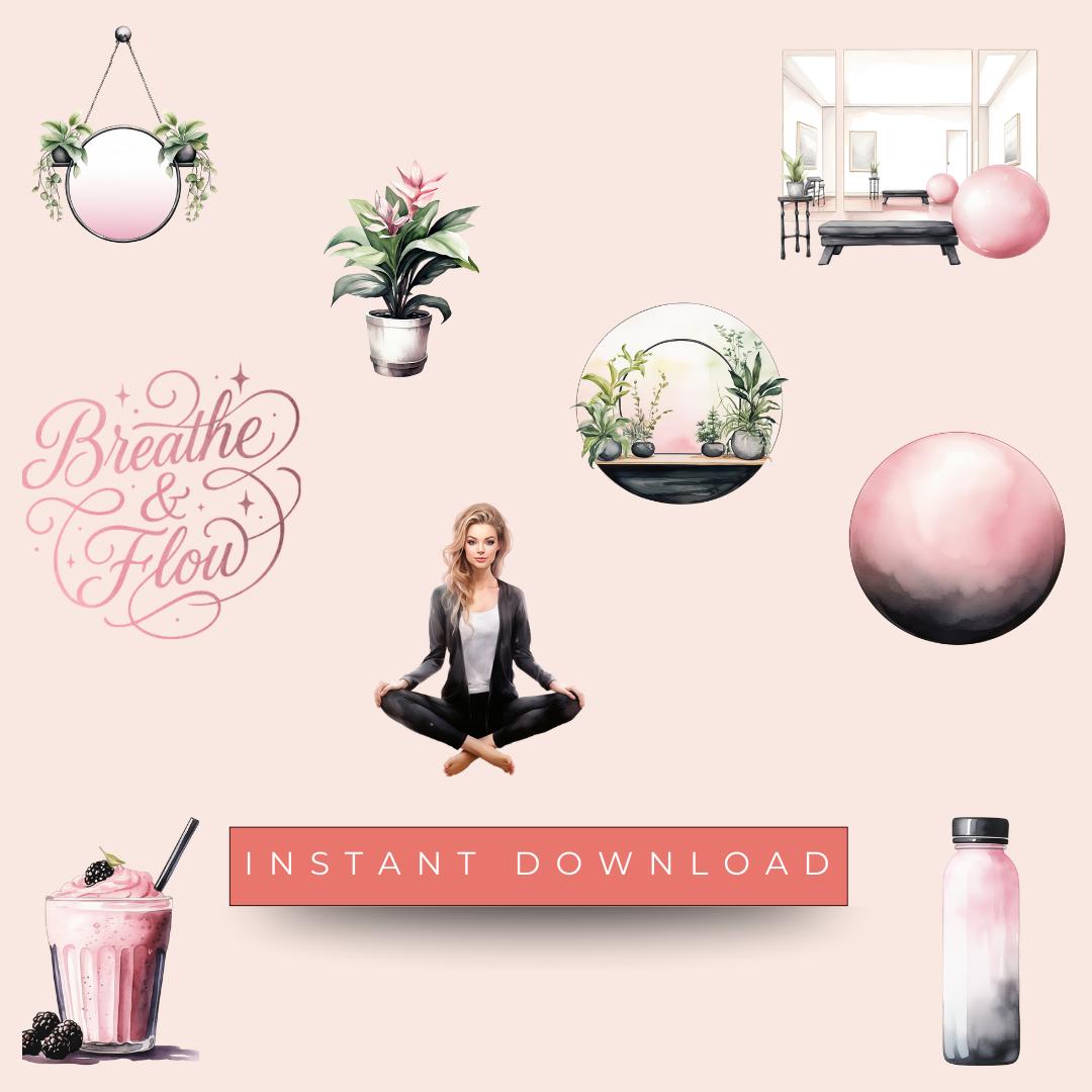 Pilates & Self-Care Stickers | 38 PNG Files | Watercolor Clipart for Wellness Planners and Journals