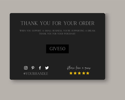 Black Minimalist Luxe Thank You Card | Canva Template | Editable Packaging Insert with Discount Code | Printable for Small Business