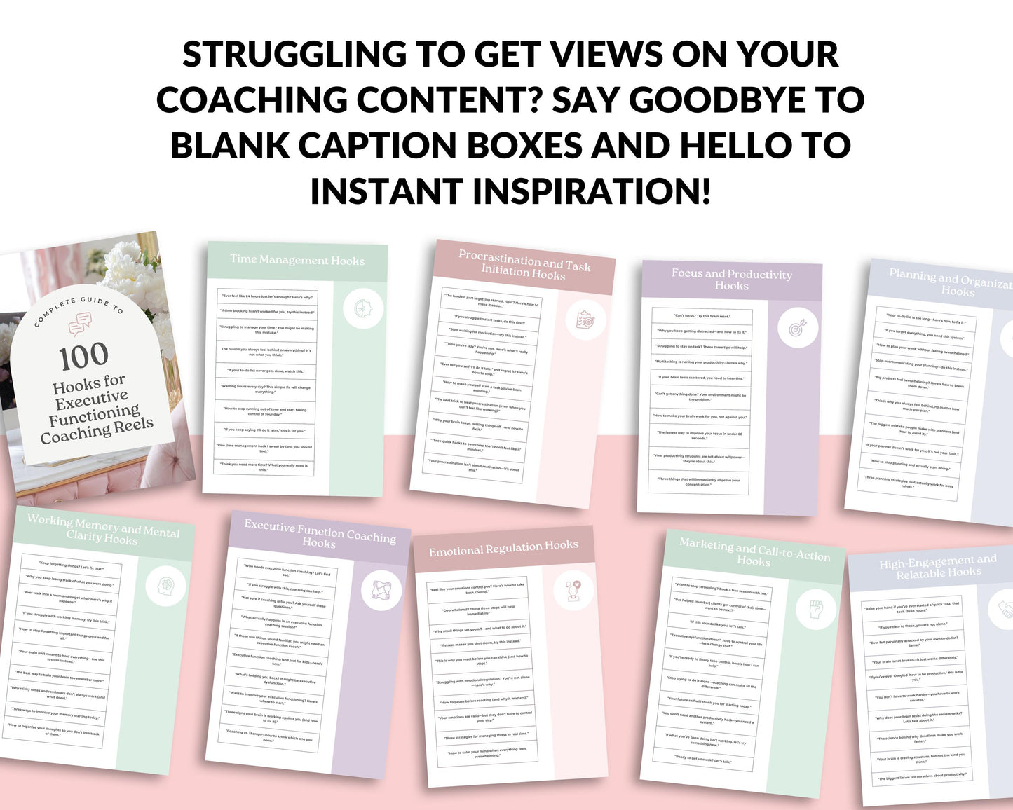 Executive Function Reels Hook Guide | Canva Template + PDF | 100 Viral Hook Ideas for Coaches & Creators | Instant Download