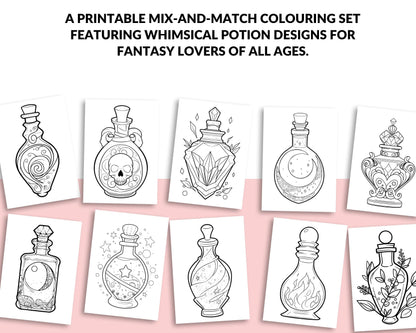 a set of nine coloring pages with different bottles