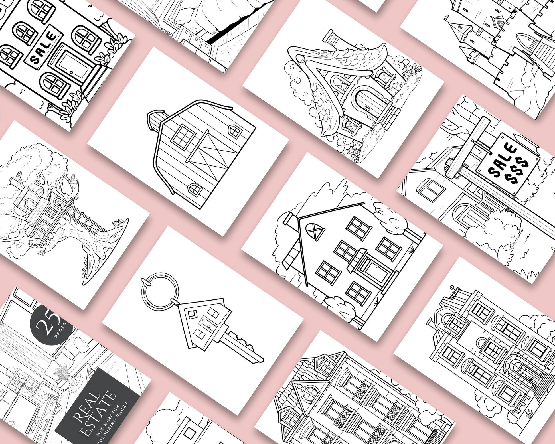 a bunch of black and white drawings of houses
