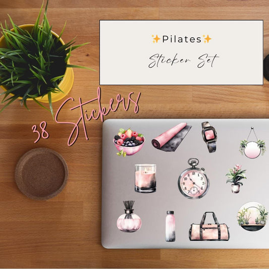 Pilates & Self-Care Stickers | 38 PNG Files | Watercolor Clipart for Wellness Planners and Journals