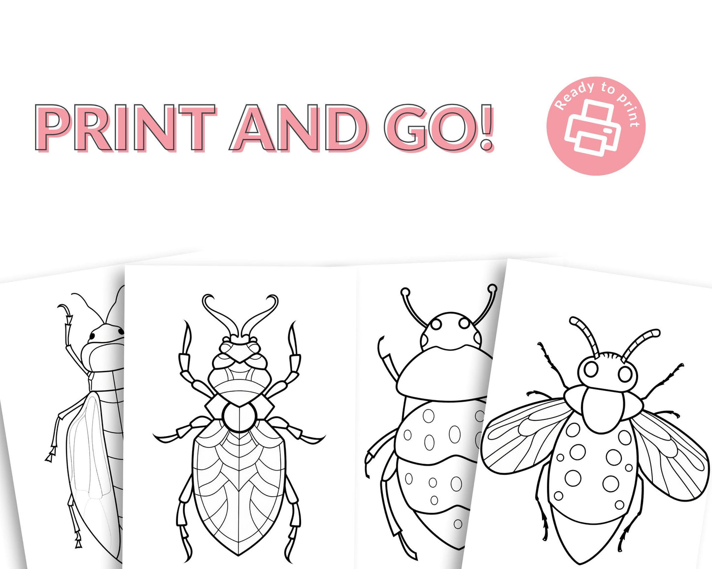 a set of four insect coloring pages with the words print and go