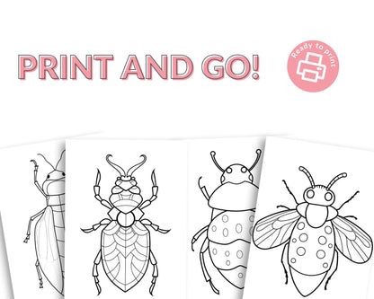 a set of four insect coloring pages with the words print and go