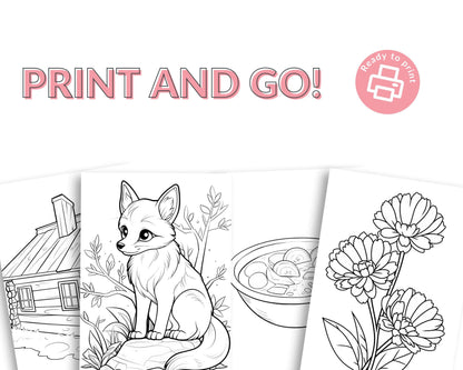 four coloring pages of a fox and a bird