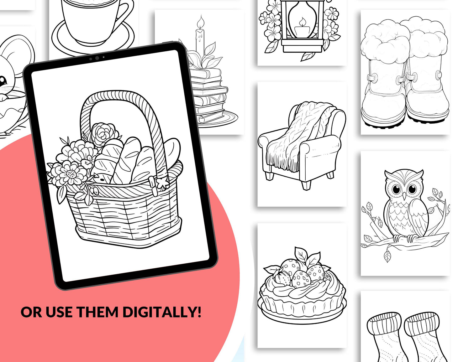 a coloring page with a picture of a basket of food