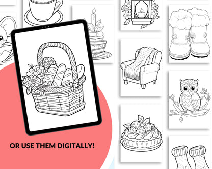 a coloring page with a picture of a basket of food